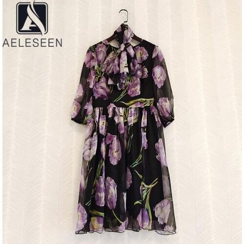 AELESEEN Spring Summer Women Dress Runway Fashion Bow Collar Tulip Flower Print /Embroidery Purple Mini Beach Dress