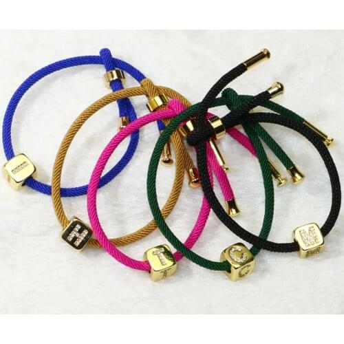 6Pcs Tiny Cube Zircon letter charms Bracelet Mix color rope chain Gold color charms jewelry Bracelet gift for lady 50272
