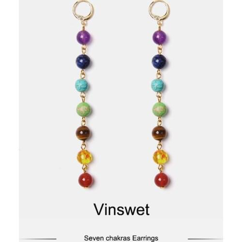 7 Chakra colors stone bead long Drop Earrings Bohemia Dangle Reiki Healing women earring Vacation BOHO Jewelry gift dropshipping