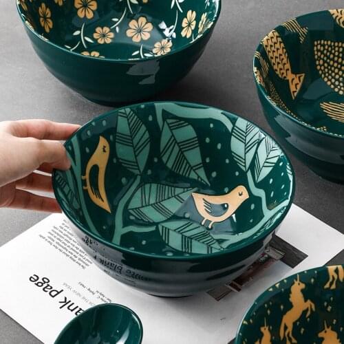 8-inch Screw Bowl Japanese Dark Green Soup Bowl Ceramic Tableware Underglaze Color Large Lamian Noodles Bowl Salad