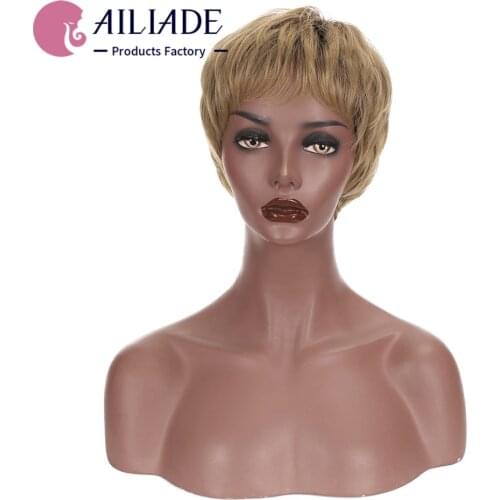 AILIADE Synthetic Mixed Blonde Brown Short Wigs for Women Natural Hair Wigs with Bangs Daily Heat Resistant Hair