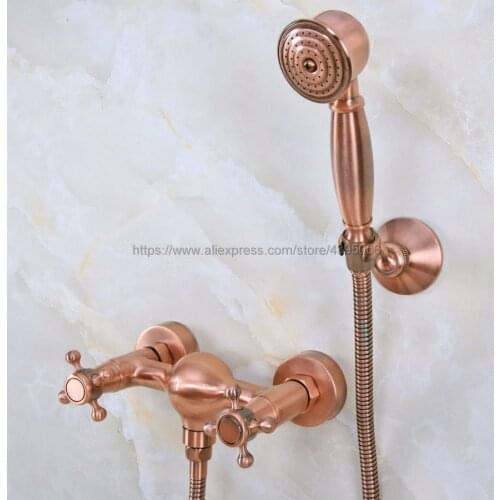 Antique Red Copper Wall Mount Bathroom Shower Faucet Bath Mixer Tap Two Cross Handles Tub Faucet with Hand Shower Bna295