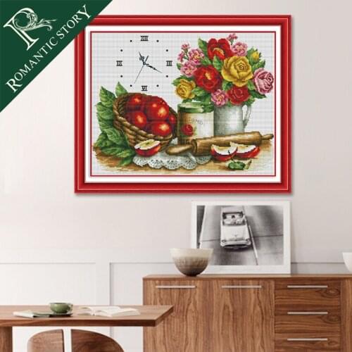 Romantic Story Clock flowers fruits Decorations Cross Stitch Needlework DIY 11CT Printing Cross Stitch Sets For Embroidery Kits