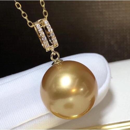 D323 Pearl Pendant Fine Jewelry Solid 18k Gold Natural 12-13mm Ocean Sea Round Golden Pearl Pendant Necklaces for Women