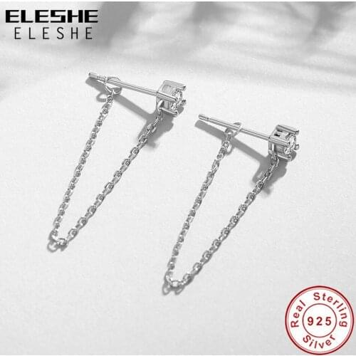 ELESHE Wholesale 2021 New Authentic 925 Sterling Silver with Crystal CZ Long Chain Stud Earrings for Women Fine Jewelry Wedding