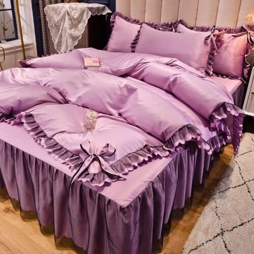 Korean Version of the Bowknot Bedding Set Washed Ice Silk Lace Quilt Cover Bed Skirt Four-piece Pure Simple Bedding