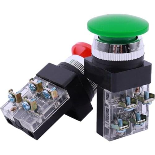 Red Green AC 250V 6A DPST Momentary Mushroom Head Push Button Switch