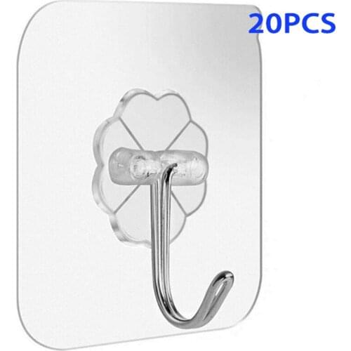 20pcs/lot Bearing 3KGS Adhesive Strong Wall Hook Clover Transparent Kitchen Hooks Waterproof Kitchen Bathroom Accessories