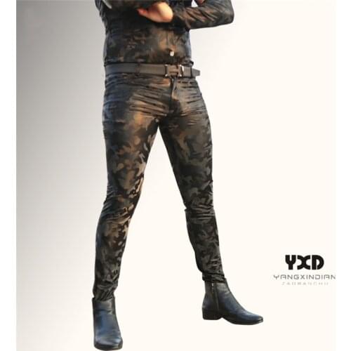 Plus Size Men New Fashion Low Waist Leather Pants Black Leggings Mens Camo Print Pencil Pants Elastic Trousers Male Skinny Jeans