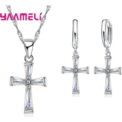 Elegant Wedding Bride Cubic Zircon Cross Pendant Necklace Hoop Earrings Jewelry Sets For Wemen Girl Gift Jewelry Bijoux