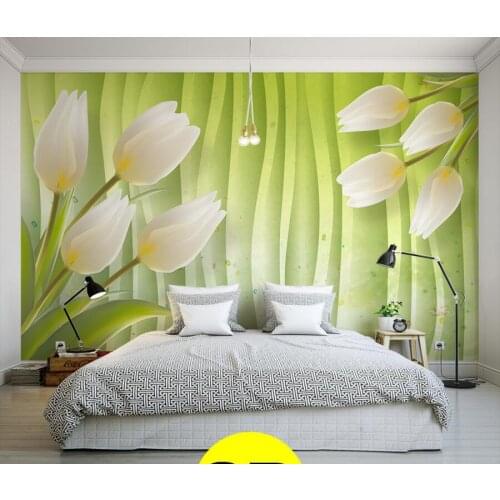 Latest 3d green background, white lilies large murals,living room tv sofa wall bedroom wallpaper for wall 3d papel de parede