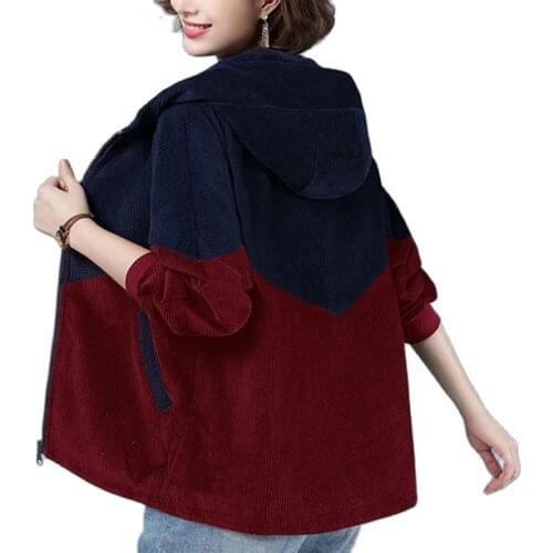 New 2021Spring Autumn Corduroy Womens Coats All-Match Splicing Hooded Zip Female Outerwear Loose Elegant Ladies Jacket 4XL