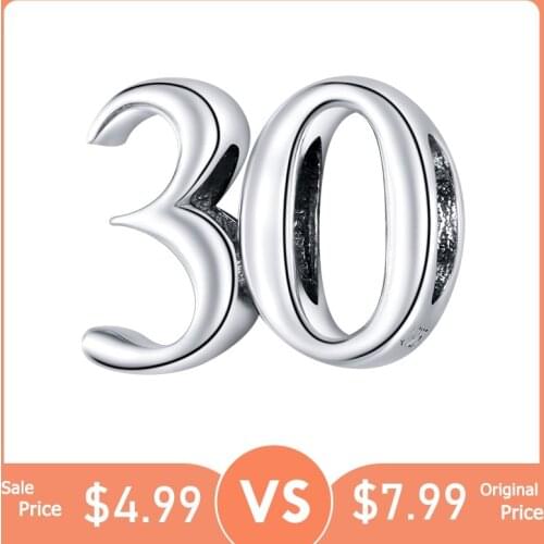 BISAER 925 Sterling Silver Beads Simple Numbers-30 Charms fit Silver Bracelets DIY Jewelry Making ECC1622