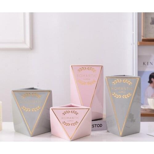 1pc Pink Cearamic Vase Golden Olive Branch Flower Vase Geometric Grey Water Planting Container Home Decor Wedding Gift