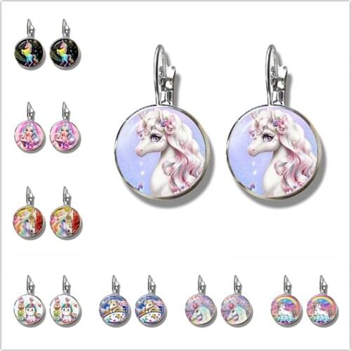 Lucky Horse Pegasus Unicorn Cartoon Style Glass Dome Stud Earrings Handmade Jewelry Female Rainbow Unicorn Earring Accessory