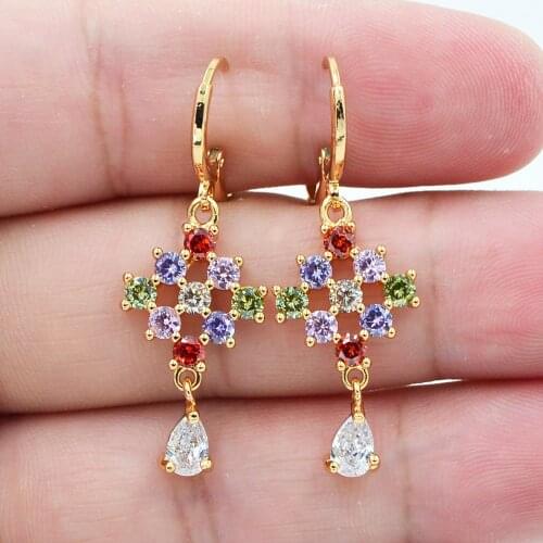 Gold Color Fashion Multicolor Zirconia CZ Geometric Grids Dangle Earrings For Women Party Jewelry