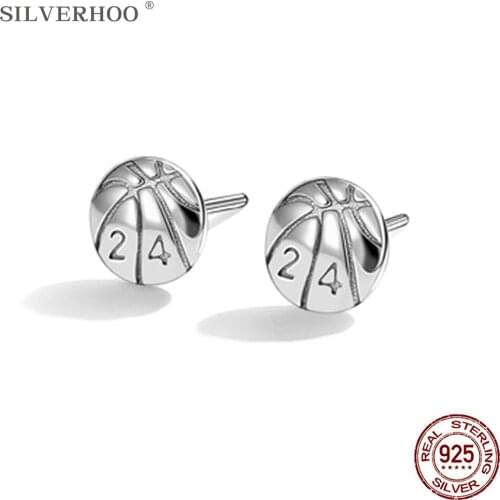 SILVERHOO Real 925 Sterling Silver Round Basketball Stud Earrings For Women Energetic Simple Small Earring Fine Unisex Jewelry