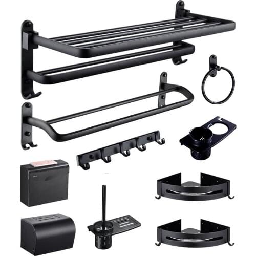 Non Perforated Towel Rack Black Space Aluminum Bath Bathroom Shelf Hardware Pendant Set
