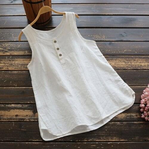 White Linen Top Summer Womens Casual Loose Top Vest Sleeveless Tank Top With Button Solid Color Vintage Blusas Femme