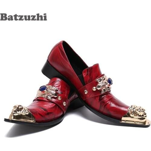 Batzuzhi Shoes Men Luxury Italian Type Genuine Leather Dress Men Shoes Gold Pointed Toe Red Men Wedding Shoes Party Business, 12