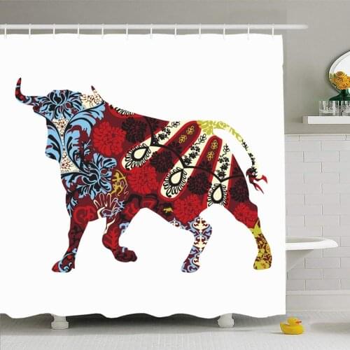 Shower Curtain Set with Hooks 60x72 in Bull Spain Spanish Ornament National Design Folk Fighting Animals Wildlife Animal Signs