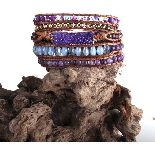 RH Fashion Women Armbander Mixed Beaded Natural Stones Crystal Druzy Charm 5 Strands Wrap Bracelets DropShip