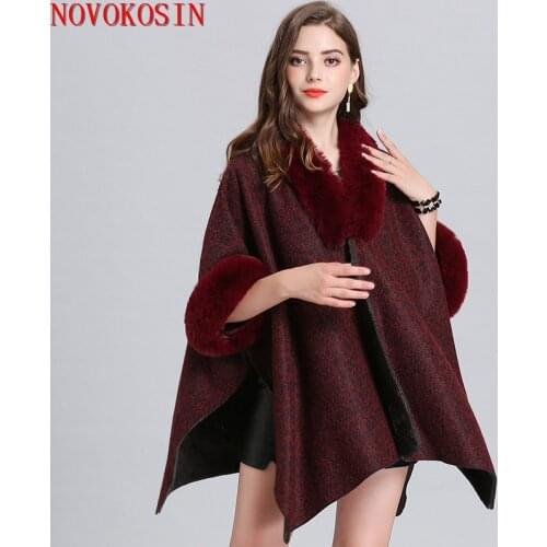 SC412 2020 Women Faux Fox Fur Collar Cardigan Winter Warm Thick Short Batwing Sleeves Lining Velvet Capes Ladies Hairy Coat
