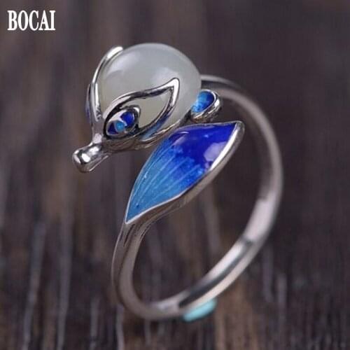 S925 Silver Vintage Craft Womens Fashion Burning Blue Hetian natural stone Fox Ring