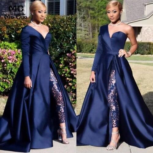 Long Sleeves Navy Blue Evening Dresses Long without Pant V-Neck Womens Evening Dress Hard Satin Prom Dress Custom Made