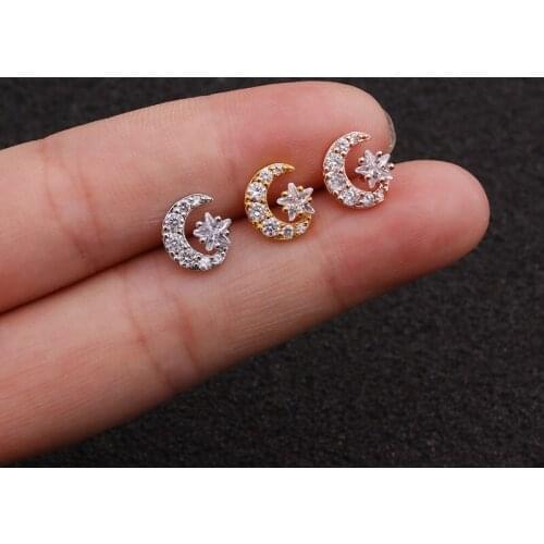 1 PCS Trendy Small Micro Pave CZ Moon Star Cuff Earrings Cute Gold Color Earring Stainless Steel Bar Ball Screw-back Ear Jewelry