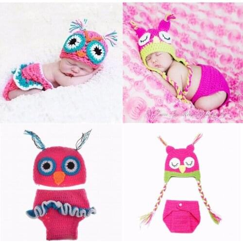 2Pcs/Set Handmade Knitted Animal Photography Props Newborn Owl Photo Clothing Hat+Diaper Cover Suit