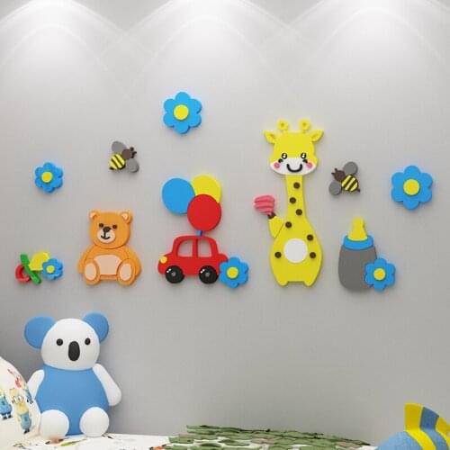WS224 Childrens room decoration acrylic wall sticker painting 3D cartoon animal layout Creative Baby bedroom