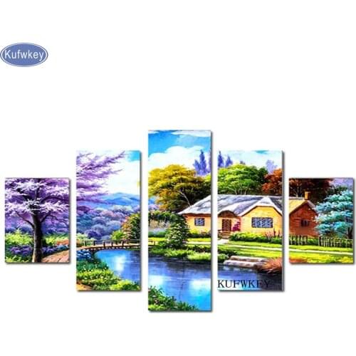 5 pcs Diamond Painting spring village ,3d Cross Stitch Kit Full square Mosaic Diamond Embroidery house lake Landscape wall art