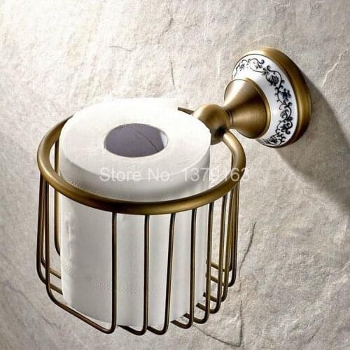 Antique Brass Ceramic Base Bathroom Wall Mounted Toilet Paper Roll Holder Tissue Basket Holder Bathroom Accessory aba404