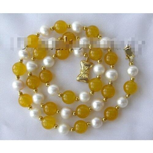 Free stunning 8mm round white freshwater cultured pearl yellow stone necklace h317