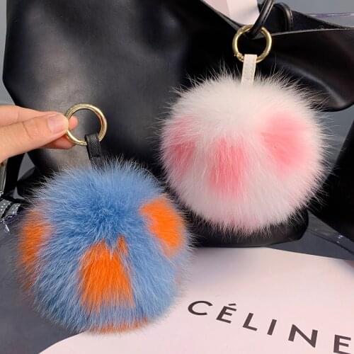 Color Contrast Real Fox Fur Ball Keychain For Women Luxury Pompom Keyring Accessories Bag Decoration Emo Trinket Jewelry Gifts