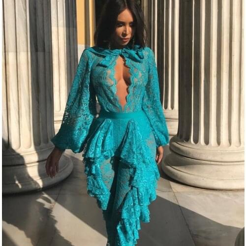 Elegant Lace Jumpsuit 2018 Newest Fahshion Green Long Sleeve Hollow Out Romper Women Celebrity Evening Party Jumpsuits Vestidos