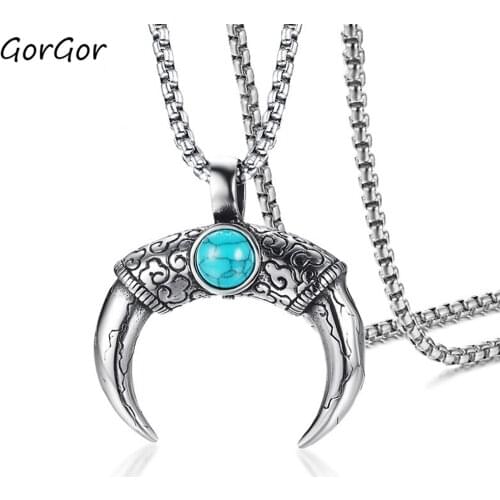 GorGor New Arrivals Simple Solid Color Stainless Steel Synthetic Horn Pendant Necklace for Fashion Men Jewelry Gift PN-1000