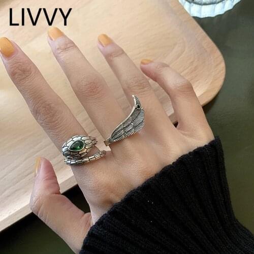 LIVVY Silver Color Snake Handmade Wings Rings For Women Creative Vintage Punk Exaggerated Birthday Party Jewelry Gift