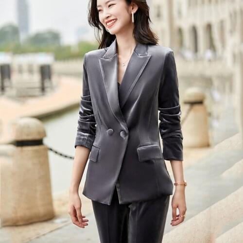 Lenshin Velvet fabric 2 Pieces Set Pleuche Pant Suit Single Breasted Coat with Trouser Warn Design for Office Lady Women