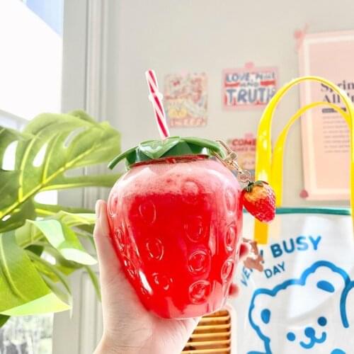 Summer Cartoon Kawaii Strawberry Straw Cup Plastic Cup Lovely Girl Milk Tea Coffee Cup Student Portable Water Cup Water Bottle