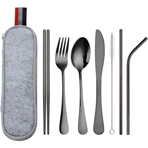 8Pcs Stainless Steel Cutlery Set Reusable Chopstick Straw Dinnerware Sets Travel Outdoor Utensil with Carrying Case