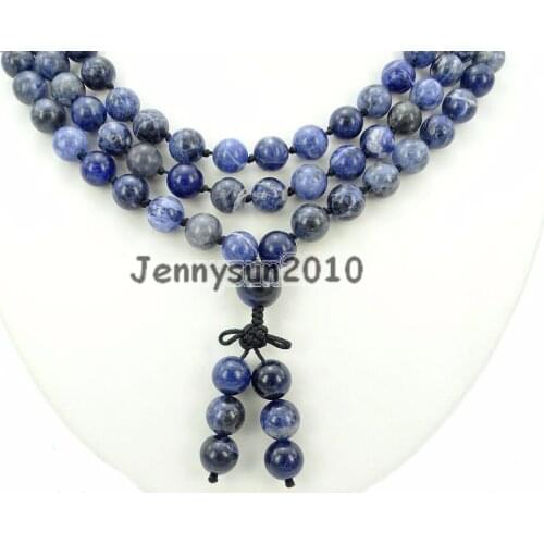 Natural Sodalite 10mm Gems Stone Buddhist 108 Beads Prayer Mala Knot Necklace Multi-Purpose 5Strands/Pack