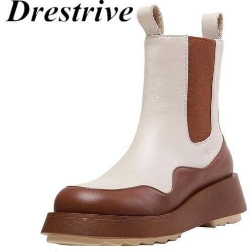 Drestrive 2020 New Arrival Winter Shoes Cow Leather Patchwork Platform Woman Ankle Boots Mixed Colors Wedges Black