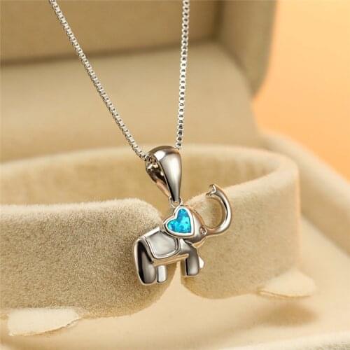 Female Cute Heart White Blue Opal Elephant Pendant Necklace Charm Silver Color Chain Necklaces For Women Bridal Wedding Necklace