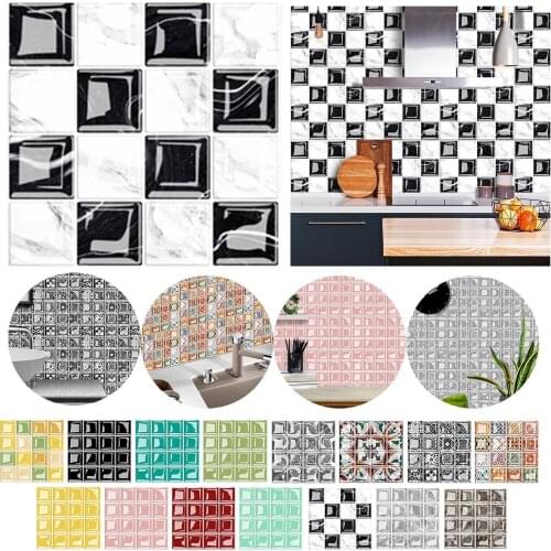 10pcs/set Dark Gray Flat Mosaic Tiles Wall Sticker Printed in 2D Transfers Cover for Kitchen Bathroom Waterproof PVC Wall Decals