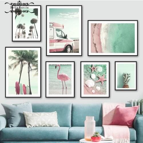 Tropical Seascape Poster and Prints Palm Flamingo Surfboard Wall Art Canvas Painting Nordic Wall Pictures for Living Room Decor