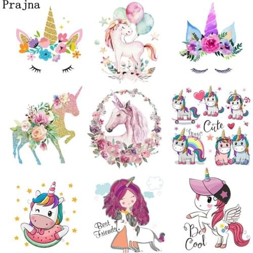Prajna Unicorn Iron On Cartoon Cute Patch Heat Vinyl Transfers Rainbow Thermal Sticker On Clothing DIY For Kids T-shirt Applique