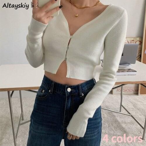 Cropped Cardigan Women V-neck Solid Spring Sexy Slim Simple 4 Colors Korean Style All-match College Basic Ladies Popular Chic