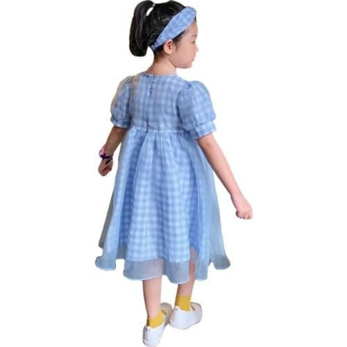Vintage Dress Age For 2 - 8 Years Baby Girls Short Sleeve Blue Plaid Dress 2021 New Summer Childrens Beach Clothes Kids Frocks